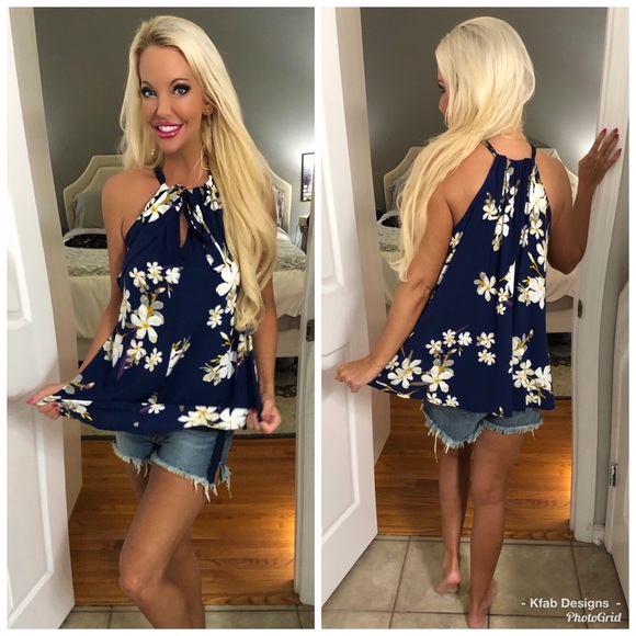 Tops - 💜 LAST 1! Navy/Lavender Floral Back Tie Halter!